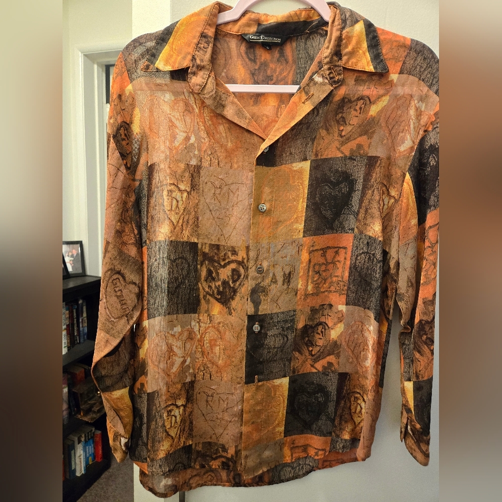 Guess Collection Vintage Orange and Brown Casual Button Down Shirt